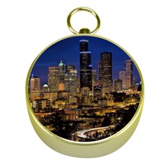 Skyline Downtown Seattle Cityscape Gold Compasses by Simbadda