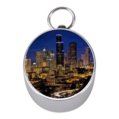 Skyline Downtown Seattle Cityscape Mini Silver Compasses by Simbadda