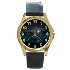 Skyline Night Star Sky Moon Sickle Round Gold Metal Watch by Simbadda