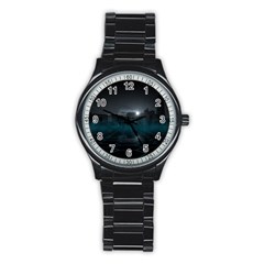 Skyline Night Star Sky Moon Sickle Stainless Steel Round Watch by Simbadda