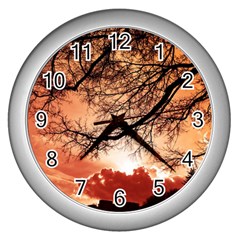 Tree Skyline Silhouette Sunset Wall Clocks (silver)  by Simbadda