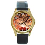 Tree Skyline Silhouette Sunset Round Gold Metal Watch Front