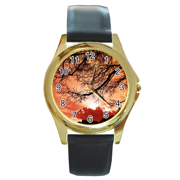 Tree Skyline Silhouette Sunset Round Gold Metal Watch