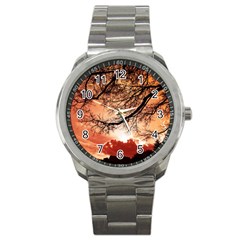 Tree Skyline Silhouette Sunset Sport Metal Watch by Simbadda