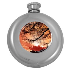 Tree Skyline Silhouette Sunset Round Hip Flask (5 Oz) by Simbadda