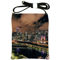 Cityscape Night Buildings Shoulder Sling Bags by Simbadda