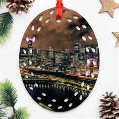 Cityscape Night Buildings Ornament (oval Filigree) by Simbadda