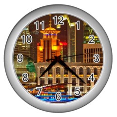 Shanghai Skyline Architecture Wall Clocks (silver)  by Simbadda