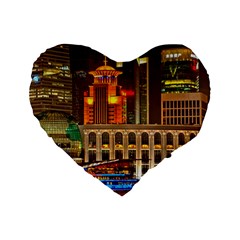 Shanghai Skyline Architecture Standard 16  Premium Flano Heart Shape Cushions by Simbadda