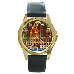 Shanghai Skyline Architecture Round Gold Metal Watch by Simbadda