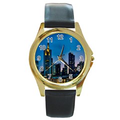 Frankfurt Germany Panorama City Round Gold Metal Watch by Simbadda