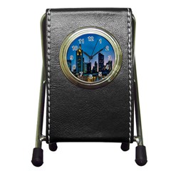 Frankfurt Germany Panorama City Pen Holder Desk Clocks by Simbadda