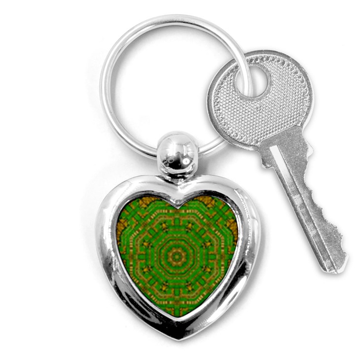 Wonderful Mandala Of Green And Golden Love Key Chains (Heart) 