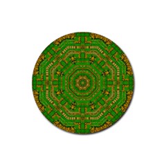 Wonderful Mandala Of Green And Golden Love Rubber Round Coaster (4 Pack)  by pepitasart