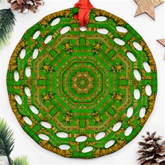 Wonderful Mandala Of Green And Golden Love Ornament (round Filigree) by pepitasart