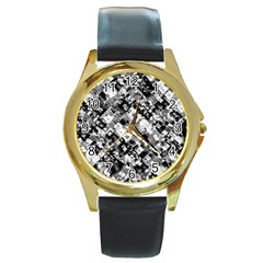 Black And White Patchwork Pattern Round Gold Metal Watch by dflcprints