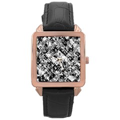 Black And White Patchwork Pattern Rose Gold Leather Watch  by dflcprints