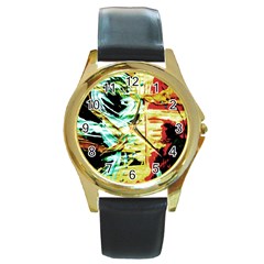 Blue Flamingoes 3 Round Gold Metal Watch by bestdesignintheworld