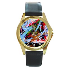 Blue Flamingoes 4 Round Gold Metal Watch