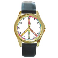 Flourish Decorative Peace Sign Round Gold Metal Watch by Simbadda