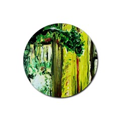 Old Tree And House With An Arch 8 Rubber Coaster (round)  by bestdesignintheworld