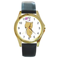 Cute Bear Cartoon Round Gold Metal Watch by Simbadda