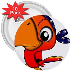 Bird Cartoon Character Parrot 3  Buttons (10 Pack)  by Simbadda