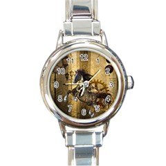 Awesome Steampunk Horse, Clocks And Gears In Golden Colors Round Italian Charm Watch by FantasyWorld7