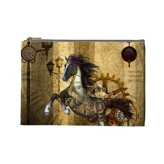 Awesome Steampunk Horse, Clocks And Gears In Golden Colors Cosmetic Bag (large)  by FantasyWorld7