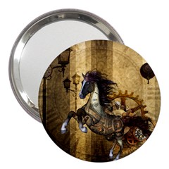 Awesome Steampunk Horse, Clocks And Gears In Golden Colors 3  Handbag Mirrors by FantasyWorld7