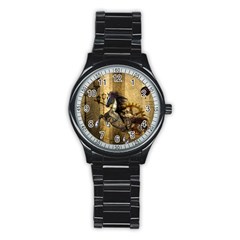 Awesome Steampunk Horse, Clocks And Gears In Golden Colors Stainless Steel Round Watch by FantasyWorld7