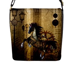 Awesome Steampunk Horse, Clocks And Gears In Golden Colors Flap Messenger Bag (l)  by FantasyWorld7