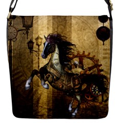 Awesome Steampunk Horse, Clocks And Gears In Golden Colors Flap Messenger Bag (s) by FantasyWorld7