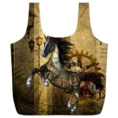 Awesome Steampunk Horse, Clocks And Gears In Golden Colors Full Print Recycle Bags (l)  by FantasyWorld7