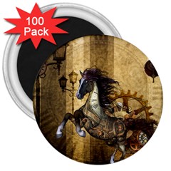 Awesome Steampunk Horse, Clocks And Gears In Golden Colors 3  Magnets (100 Pack) by FantasyWorld7