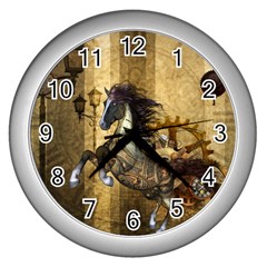 Awesome Steampunk Horse, Clocks And Gears In Golden Colors Wall Clocks (silver)  by FantasyWorld7