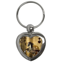 Awesome Steampunk Horse, Clocks And Gears In Golden Colors Key Chains (heart)  by FantasyWorld7