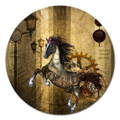 Awesome Steampunk Horse, Clocks And Gears In Golden Colors Magnet 5  (round) by FantasyWorld7