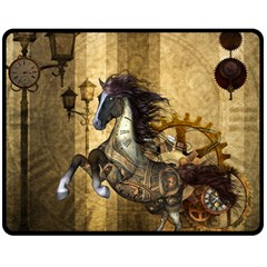 Awesome Steampunk Horse, Clocks And Gears In Golden Colors Fleece Blanket (medium)  by FantasyWorld7