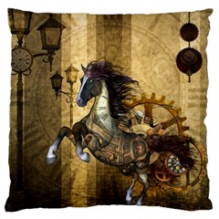 Awesome Steampunk Horse, Clocks And Gears In Golden Colors Large Cushion Case (one Side) by FantasyWorld7