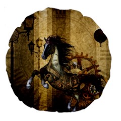 Awesome Steampunk Horse, Clocks And Gears In Golden Colors Large 18  Premium Round Cushions by FantasyWorld7