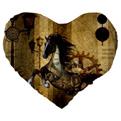 Awesome Steampunk Horse, Clocks And Gears In Golden Colors Large 19  Premium Heart Shape Cushions by FantasyWorld7