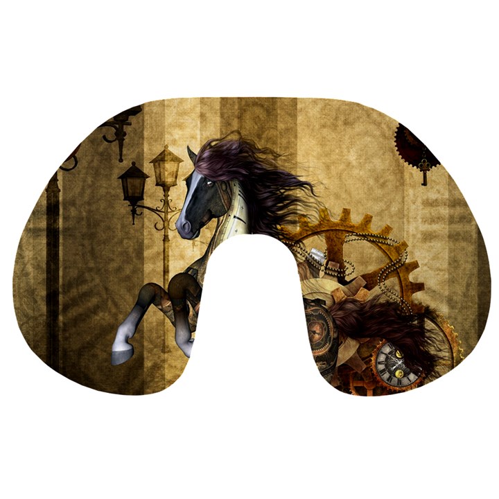 Awesome Steampunk Horse, Clocks And Gears In Golden Colors Travel Neck Pillows