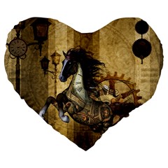 Awesome Steampunk Horse, Clocks And Gears In Golden Colors Large 19  Premium Flano Heart Shape Cushions by FantasyWorld7