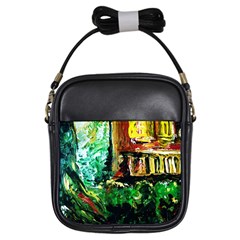 Old Tree And House With An Arch 5 Girls Sling Bags by bestdesignintheworld