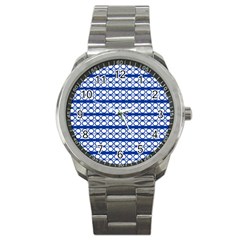 Circles Lines Blue White Pattern  Sport Metal Watch by BrightVibesDesign