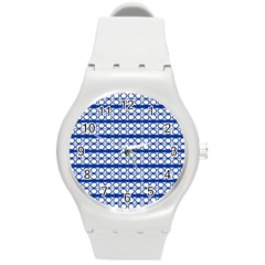 Circles Lines Blue White Pattern  Round Plastic Sport Watch (m) by BrightVibesDesign