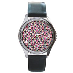 Multicolored Abstract Geometric Pattern Round Metal Watch by dflcprints