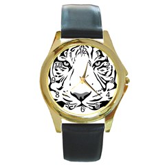 Tiger Pattern Animal Design Flat Round Gold Metal Watch by Simbadda