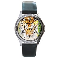 Tiger Watercolor Colorful Animal Round Metal Watch by Simbadda